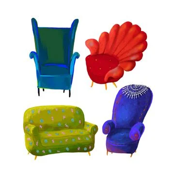 Set of cartoon armchairs. Four multi-colored armchairs in vector Stock Illustration