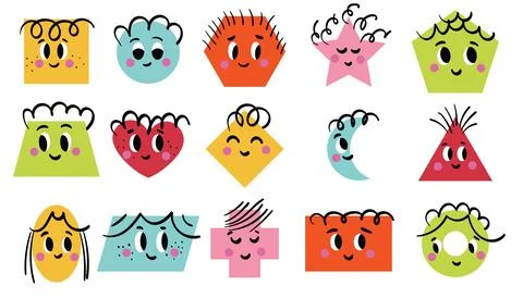Set of cartoon basic geometric shapes with face smiling. Funny shapes educa.. Illustrazione stock
