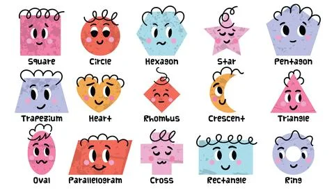 Set of cartoon basic geometric shapes with face smiling. Funny shapes educa.. Stock Illustration