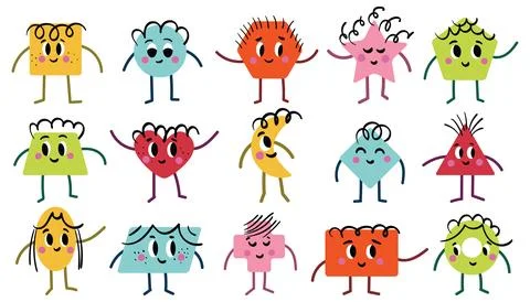 Set of cartoon basic geometric shapes with face smiling. Funny shapes educa.. Stock Illustration