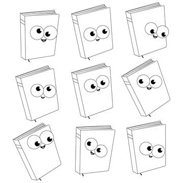 Set of cartoon book characters. Vector black and white coloring page. Stock Illustration