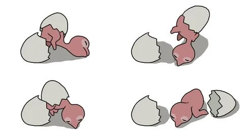 Set of cartoon broken eggshells with pink chicks hatching cracked pieces Illustrazione stock