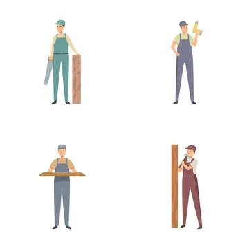 Set of cartoon carpenters with tools and wood Stock Illustration