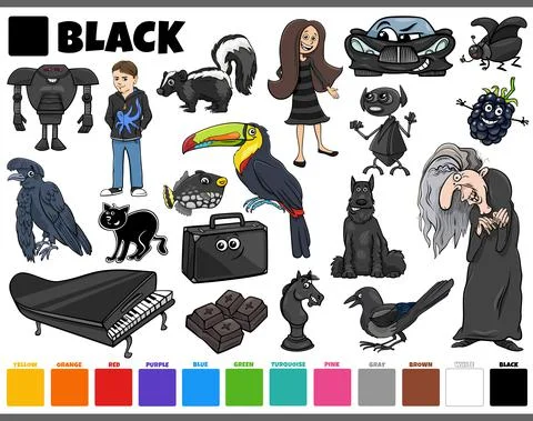 Set with cartoon characters and objects in black Stock Illustration