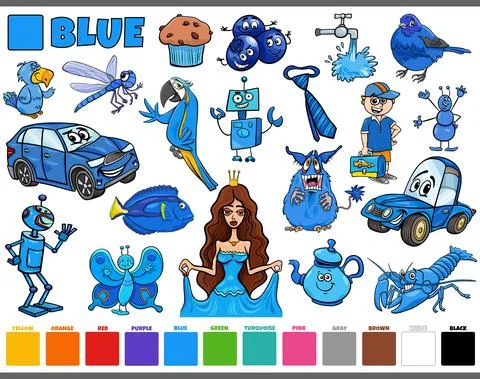 Set with cartoon characters and objects in blue Stock Illustration