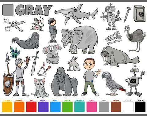 Set with cartoon characters and objects in gray イラスト素材