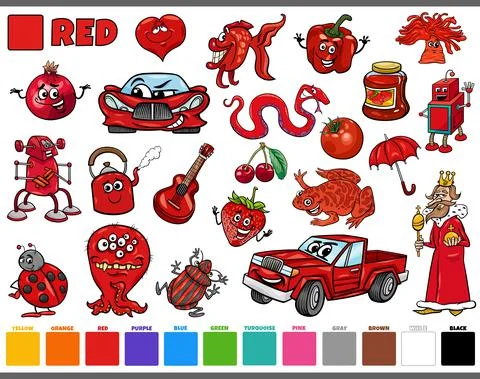 Set with cartoon characters and objects in red Stock Illustration