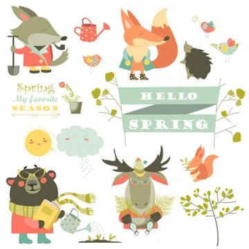 Set of cartoon characters and spring elements Stock Illustration