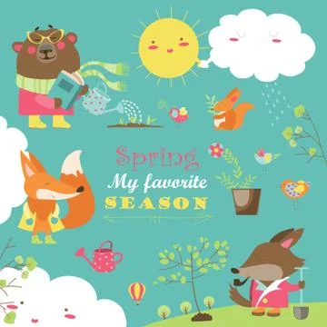 Set of cartoon characters and spring elements イラスト素材