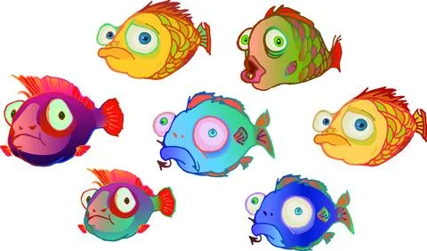 Set cartoon characters cute fish bright colors isolated on white background.. Stock Illustration