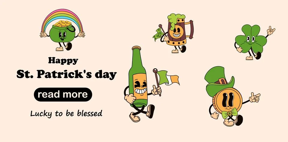 A set of cartoon characters designed as St. Patrick's Day mascots Stock Illustration