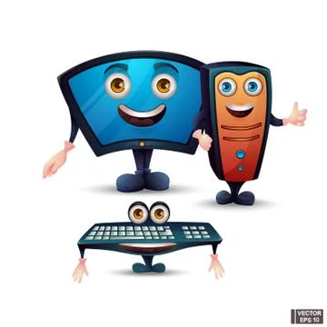 Set of cartoon characters funny computer elements. Illustrazione stock