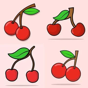 Set of cartoon cherry fruit vector illustrations, fresh food and healthy snack. Illustrazione stock