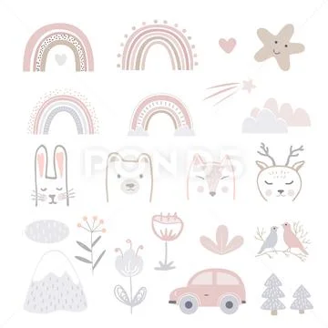 Set of cartoon childhood symbols and icons. Animals heads, flowers, car ...