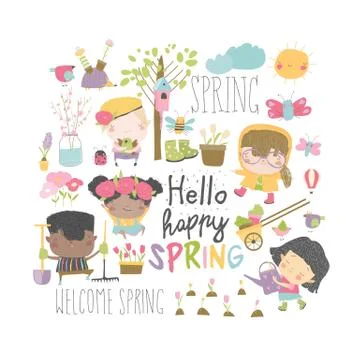 Set of cartoon children and spring elements Illustrazione stock