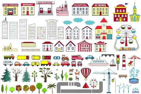 Set of cartoon city map elements. Vector 스톡 일러스트