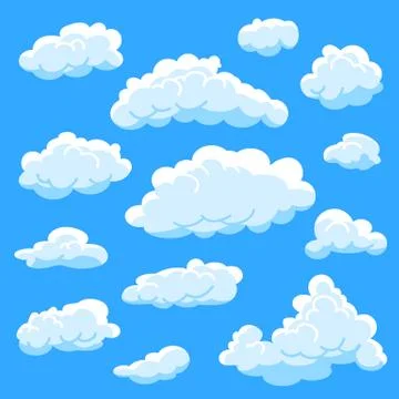Set cartoon clouds on blue background, cloudy sky Stock Illustration