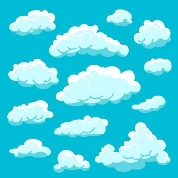 Set cartoon clouds on blue background, cloudy sky Stock Illustration