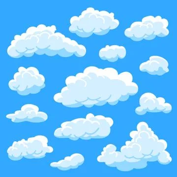 Set cartoon clouds on blue background, cloudy sky Stock Illustration