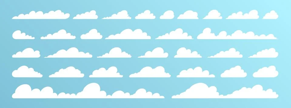 Set of cartoon clouds in flat design. Collection of white tilted clouds on .. 스톡 일러스트