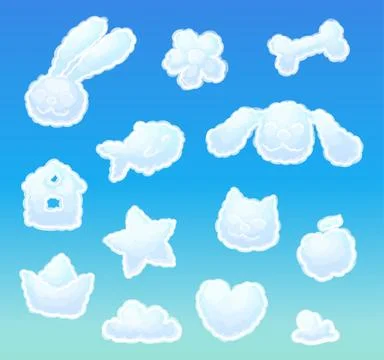 Set of cartoon clouds shaped as cat, dog, fish, flower, paper boat, star, heart Stock Illustration