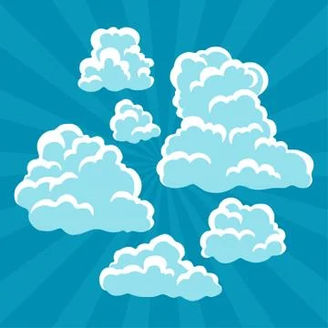 Set of cartoon clouds on sky and rays Stockillustratie