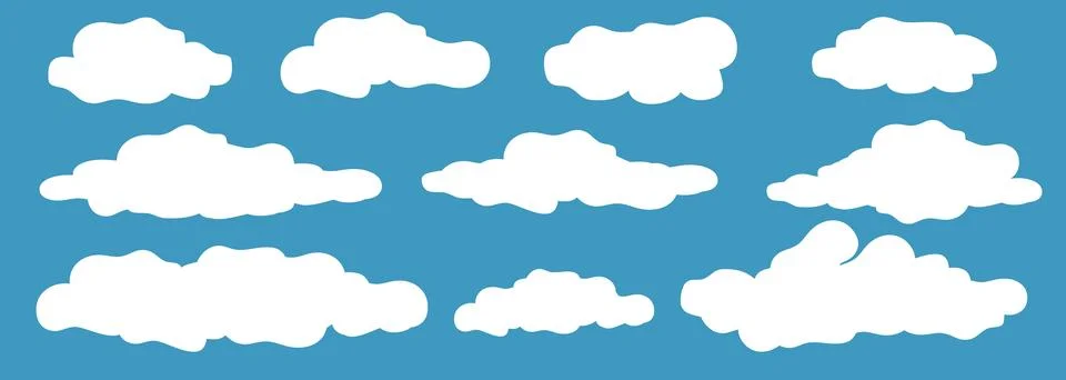 Set of cartoon clouds. White cloud set isolated in flat design on blue sky Illustrazione stock