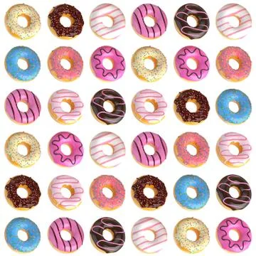 Set of cartoon colorful donuts pattern on white background. Donuts pattern into Stock Illustration
