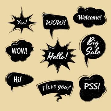 Set of Cartoon, Comic black Speech Bubbles. Clouds with in Pop Art Style. Vector Stock Illustration