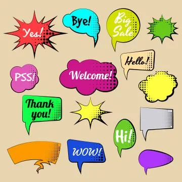 Set of Cartoon, Comic Speech Bubbles. Colored Dialog Clouds with Halftone Dot in 스톡 일러스트