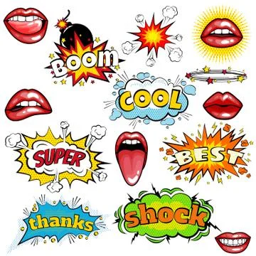 Set of cartoon comic super speech bubble labels with text, sexy open red lips Stock Illustration