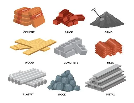 Set of cartoon construction building materials collection. Piles of wood bo.. Ilustración de archivo