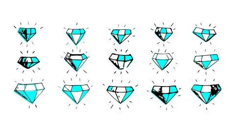 Set of cartoon crystals on white background, collection of hand drawn ink Stock Illustration