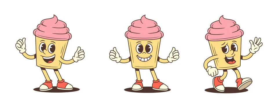 Set of cartoon cupcake character mascots in different poses. Playful retro co Stock Illustration