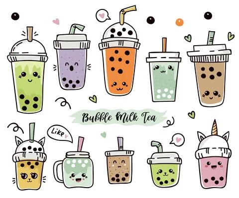 Set of cartoon cute bubble tea or pearl tea Stock Illustration