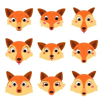 Set of cartoon cute fox faces isolated Illustrazione stock