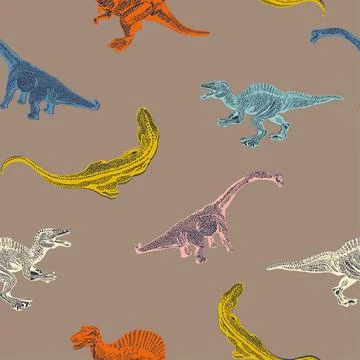 Set cartoon dinosaurus on seamless pattern isolated on brown background. Vector Illustrazione stock