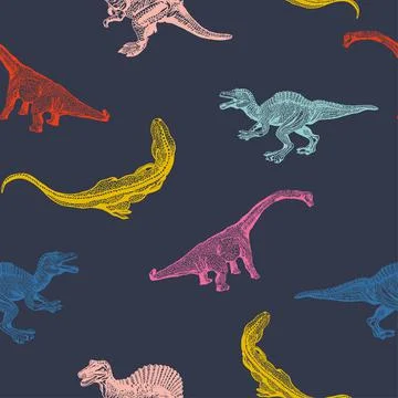 Set cartoon dinosaurus on seamless pattern isolated on dark blue background Illustrazione stock