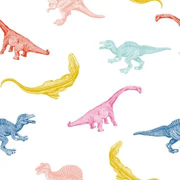 Set cartoon dinosaurus on seamless pattern isolated on white background. Vector Stock Illustration