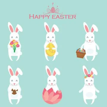 Set of cartoon Easter bunnies with various variations. Vector illustration Stock Illustration