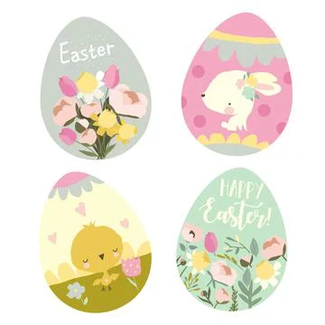 Set of Cartoon Easter Eggs with Animals and Flowers Stock Illustration