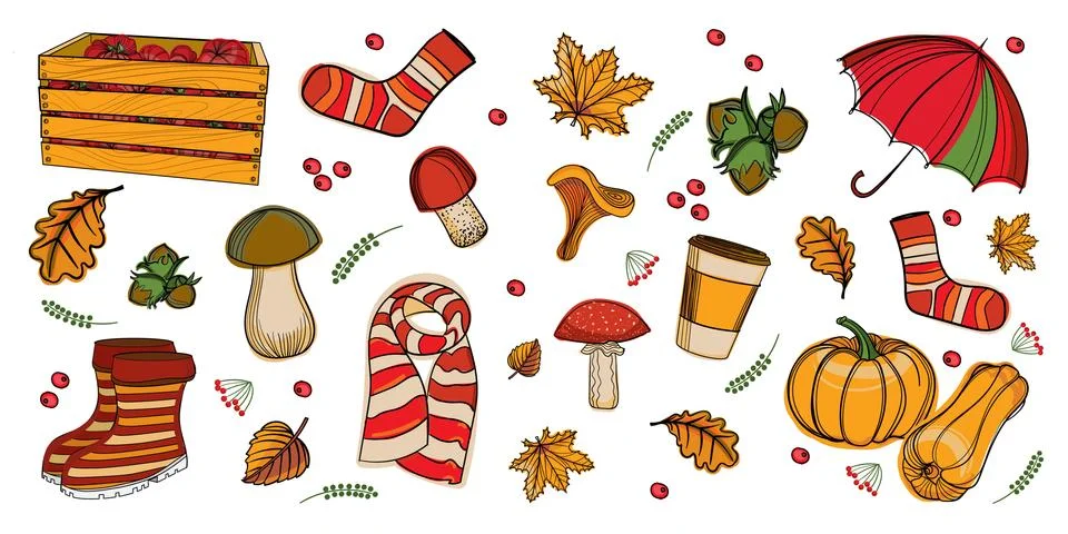 Set of cartoon elements of autumn. 스톡 일러스트
