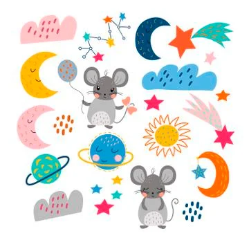 Set of cartoon elements - mice, moon, stars, cloud Stock Illustration