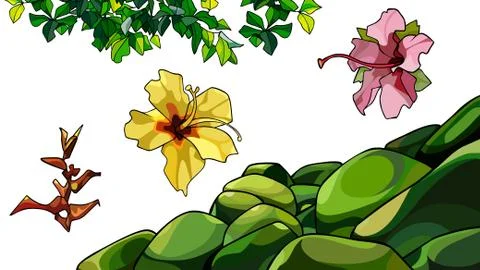 Set of cartoon elements stones with moss leaves and tropical flowers Stock Illustration