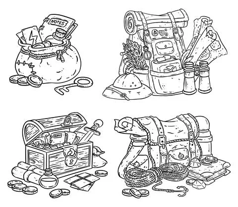 Set of cartoon explorer chast and bags illustrationx for coloring. Fantasy co Stock Illustration