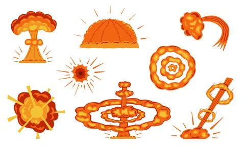 Set of cartoon explosions. Various explosions for comics and anime. Cartoon Stock-Illustration