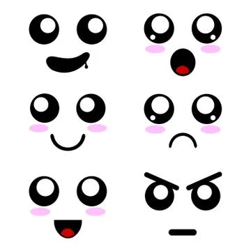 Set of Cartoon Faces Expressions. Emoticons in Anime Style. Vector illustration. Illustrazione stock