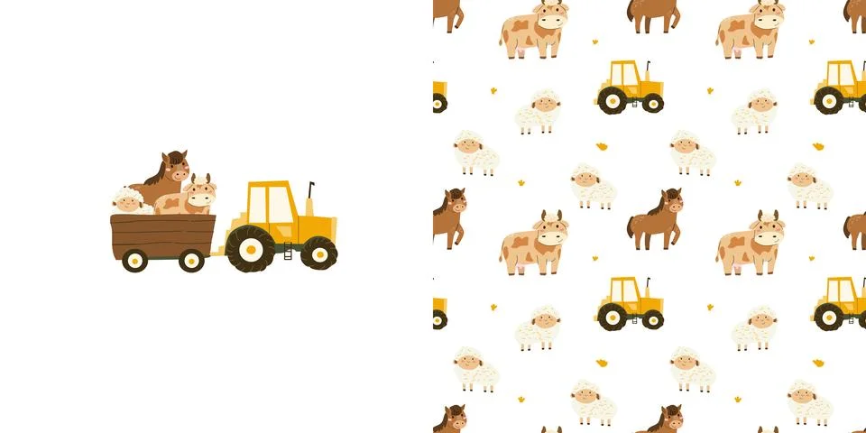 Set of cartoon farm pattern with tractor and domestic animals. Stock Illustration