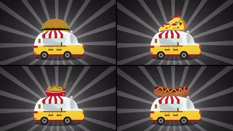 Set of Cartoon Fast food Cars over black background. Fast food trucks animation Stock Footage