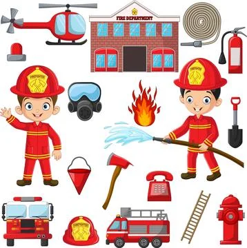Set of cartoon fireman element Stock Illustration
